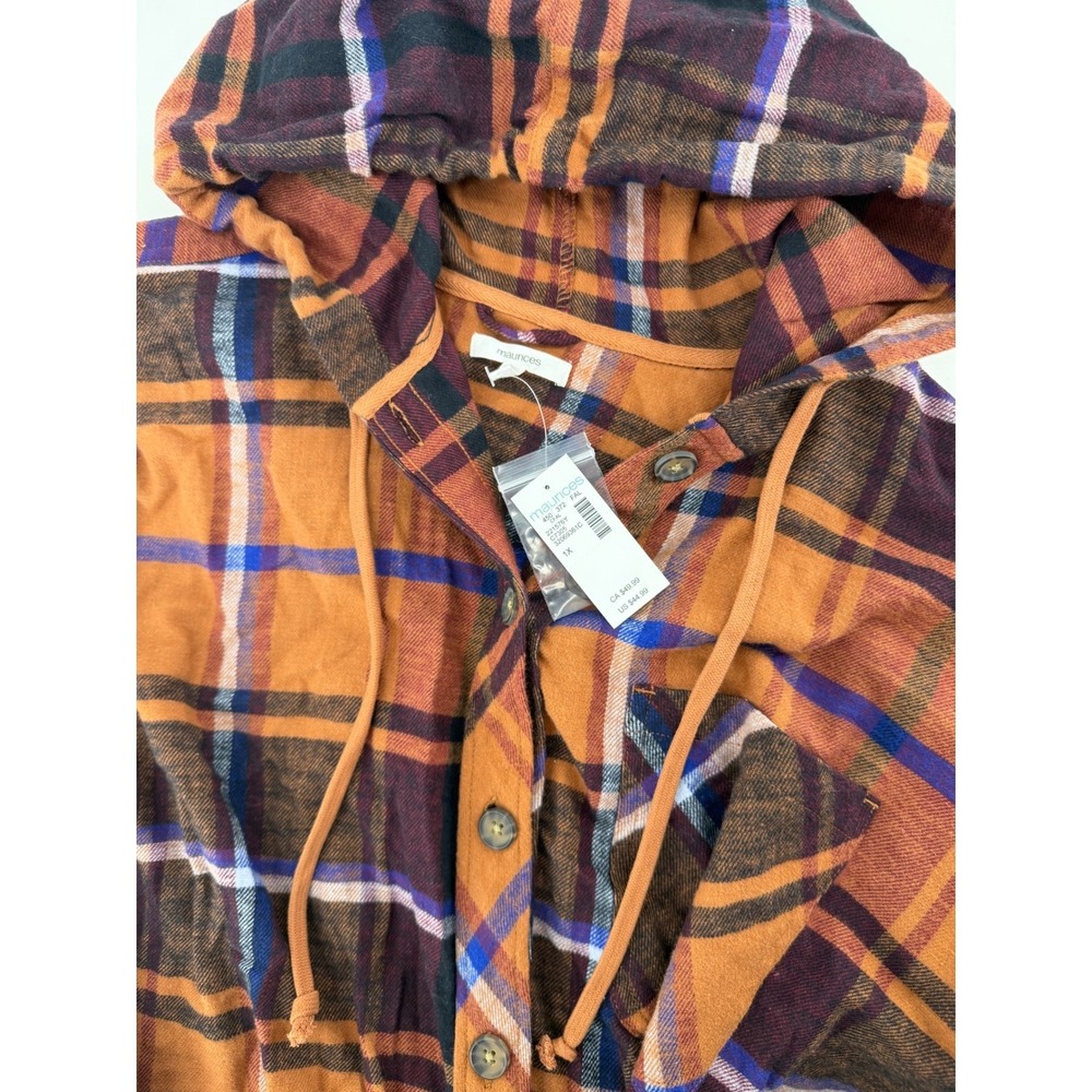 Maurices Womens 1X Plaid Hooded Button Down Shirt Orange‎ Brown Flannel NEW